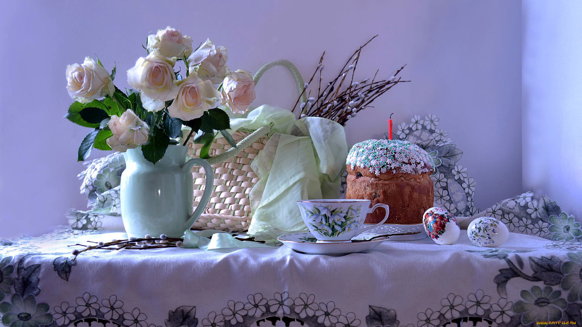 праздничные, пасха, верба, розы, кулич, писанки