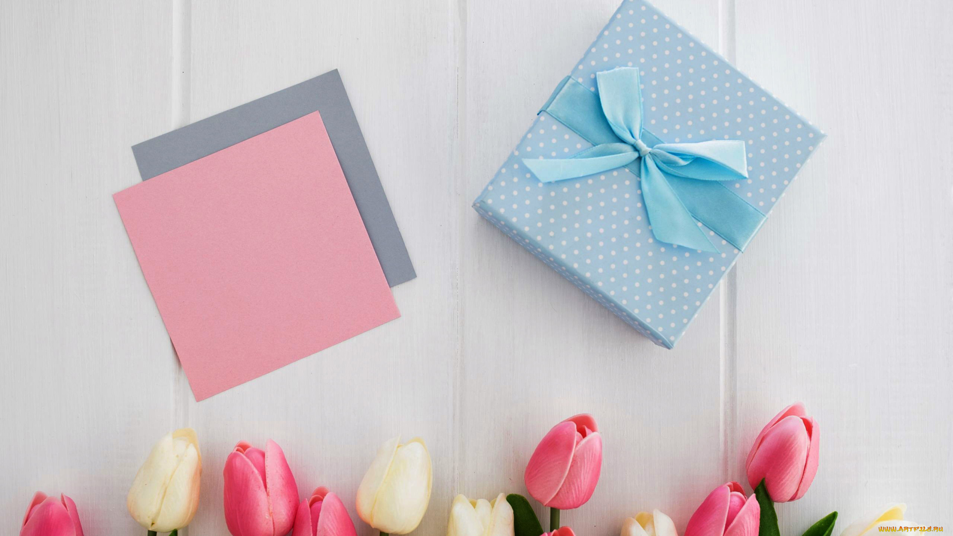 праздничные, подарки, и, коробочки, тюльпаны, подарок, лента, бант