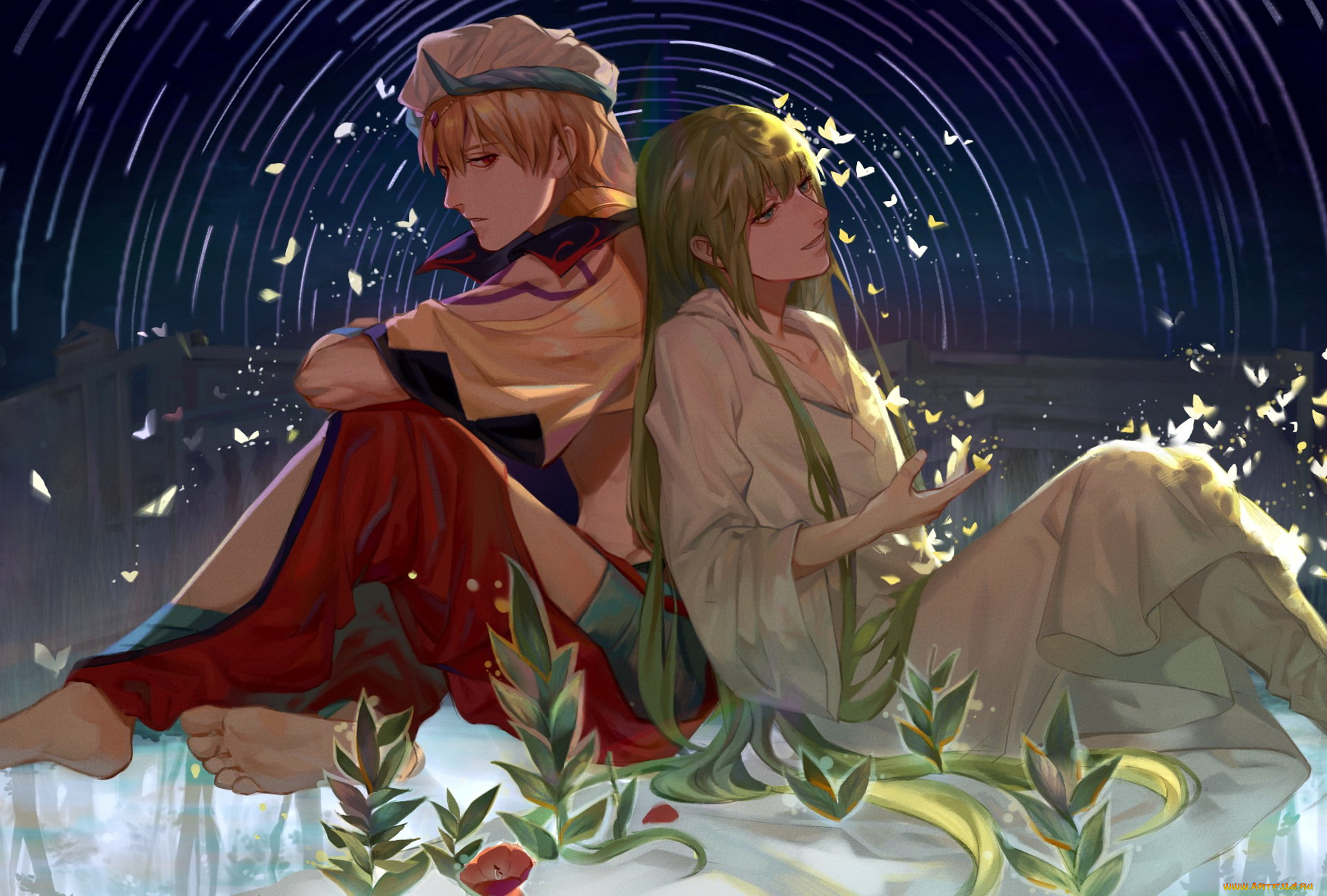 аниме, gilgamesh, парни, бабочки, цветы