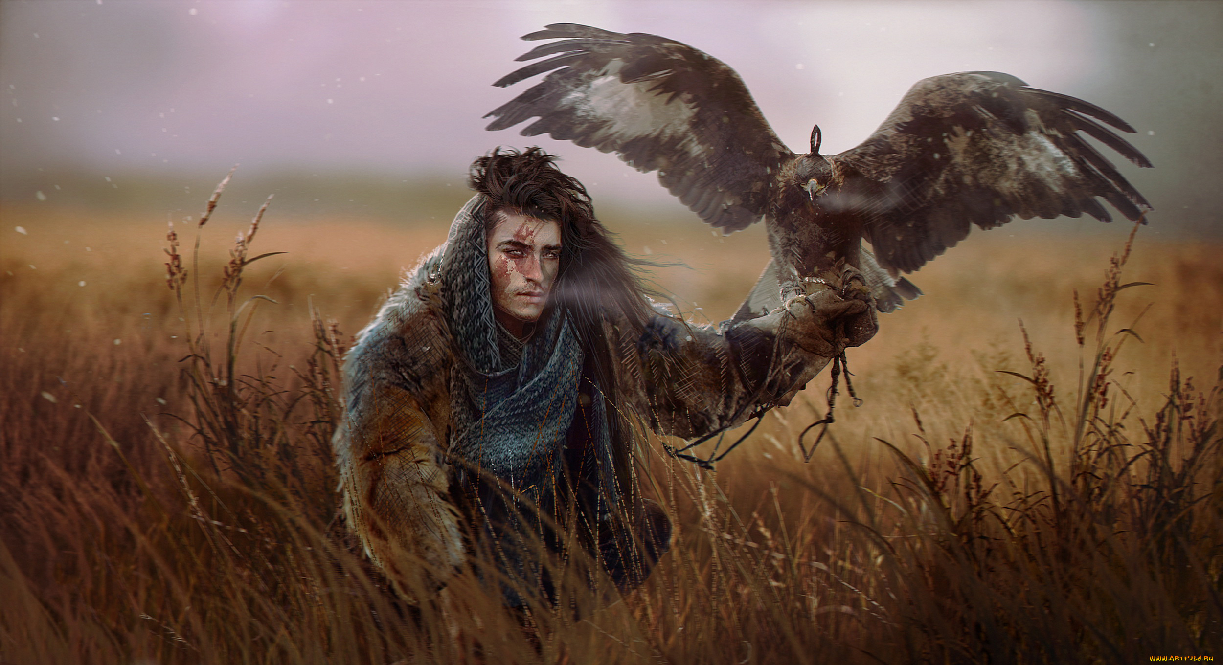 3д, графика, люди, и, животные, , people, and, animals, мужчина, фон, взгляд, ястреб