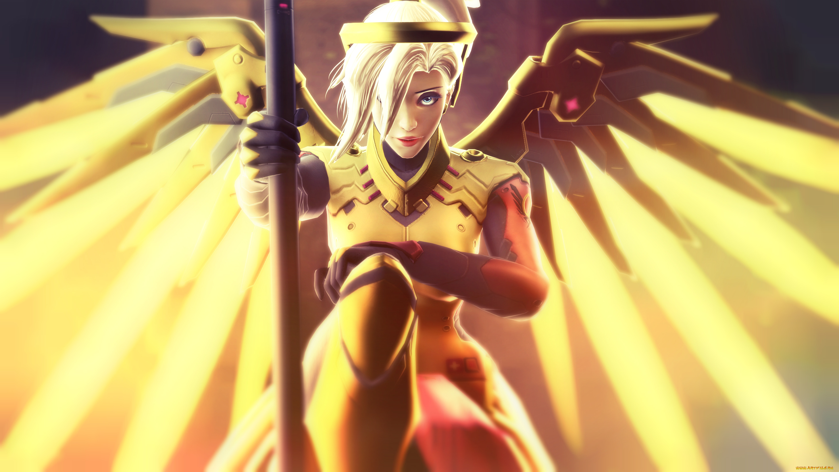 видео, игры, overwatch, девушка, фон, взгляд, крылья