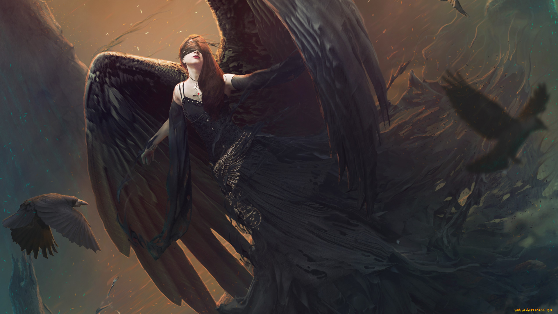 фэнтези, ангелы, девушка, крылья, вороны