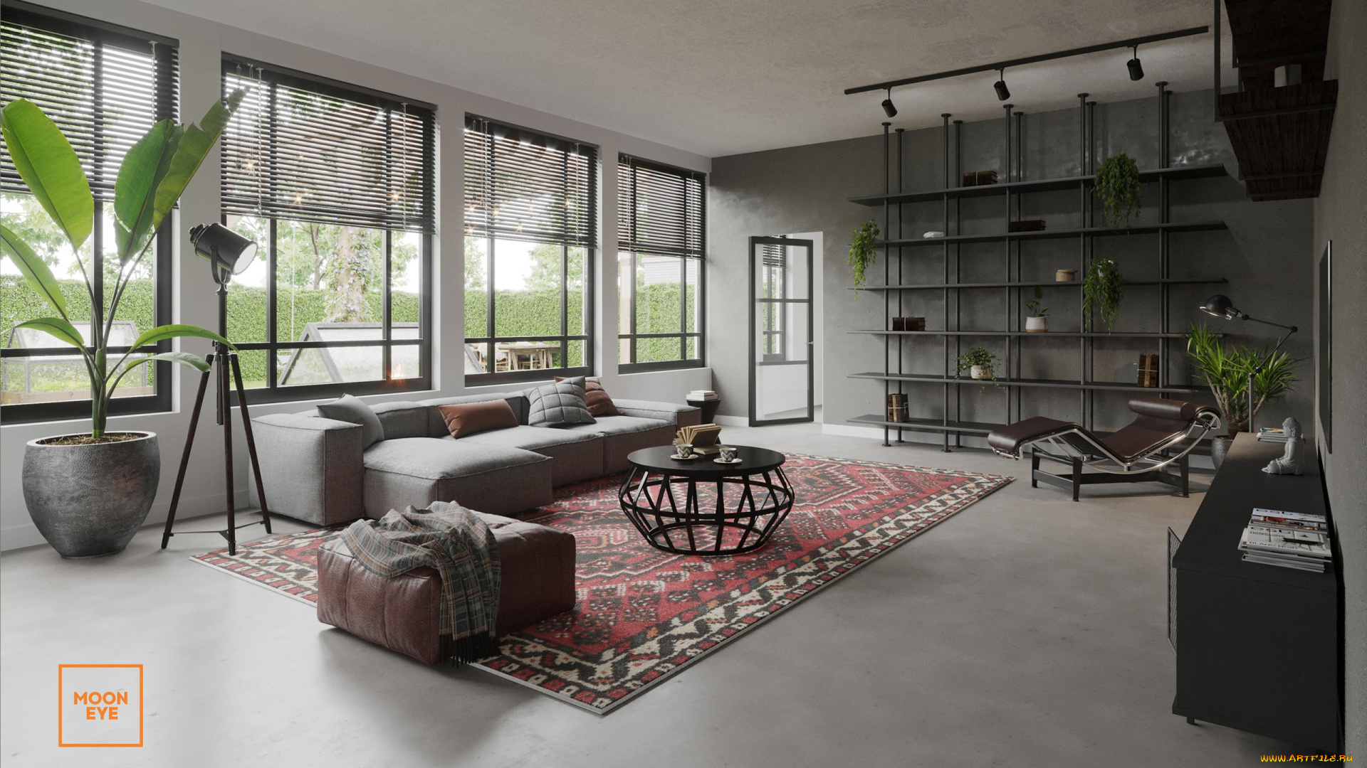 интерьер, гостиная, диван, окна, ковер, полки