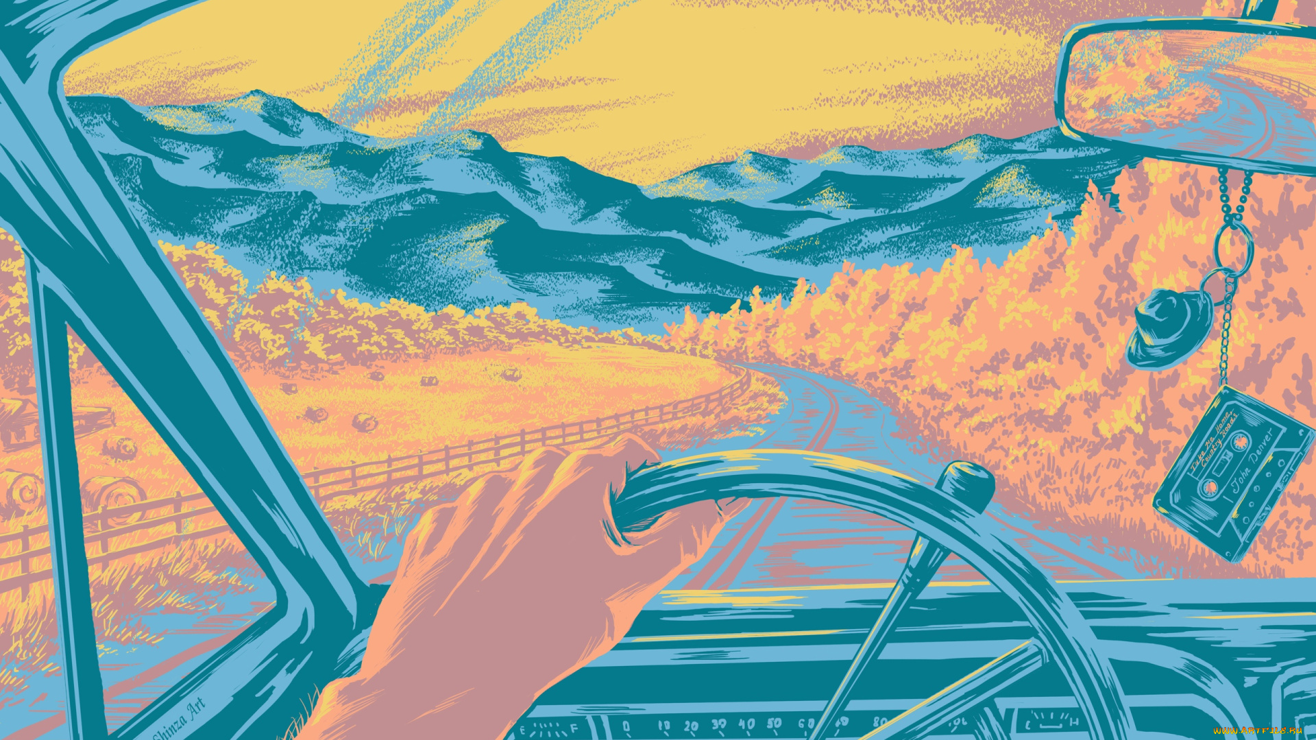 векторная, графика, другое, , other, машина, руль, рука, дорога, природа