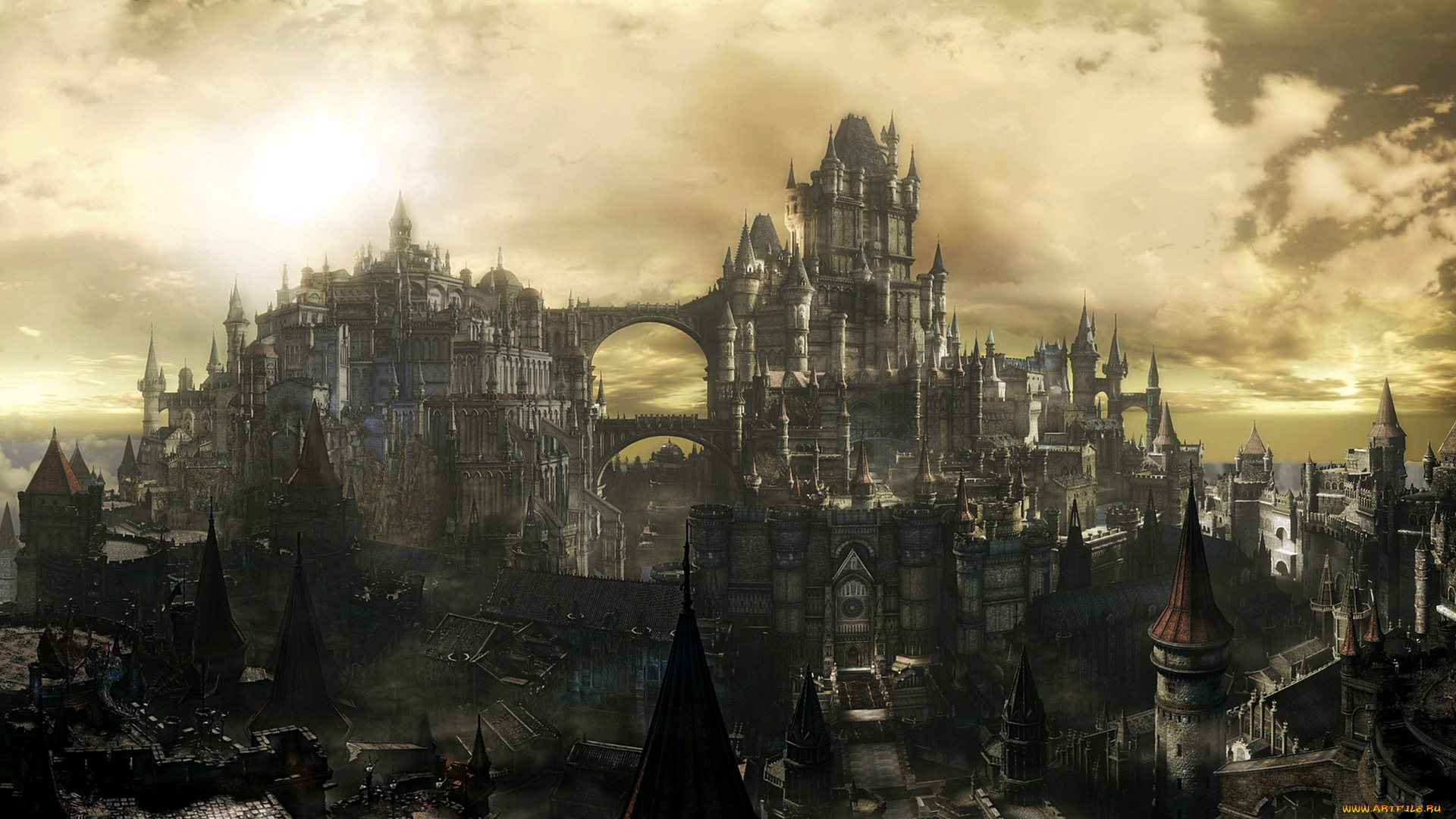 видео, игры, dark, souls, 3, город, замок, тучи