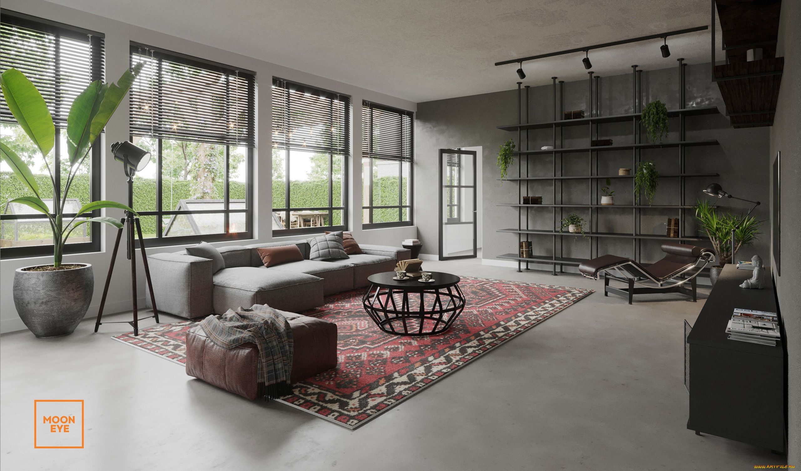 интерьер, гостиная, диван, окна, ковер, полки