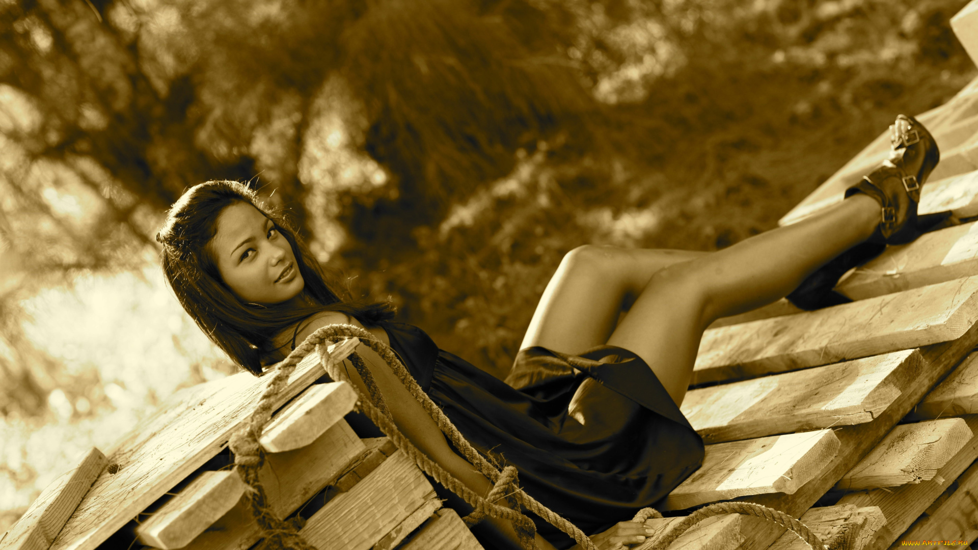 девушки, -, черно-белые, шатенка, платье, веревка