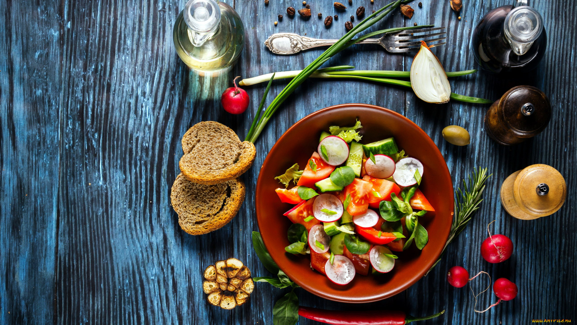 еда, салаты, , закуски, овощной, салат, помидоры, масло, чеснок, редис