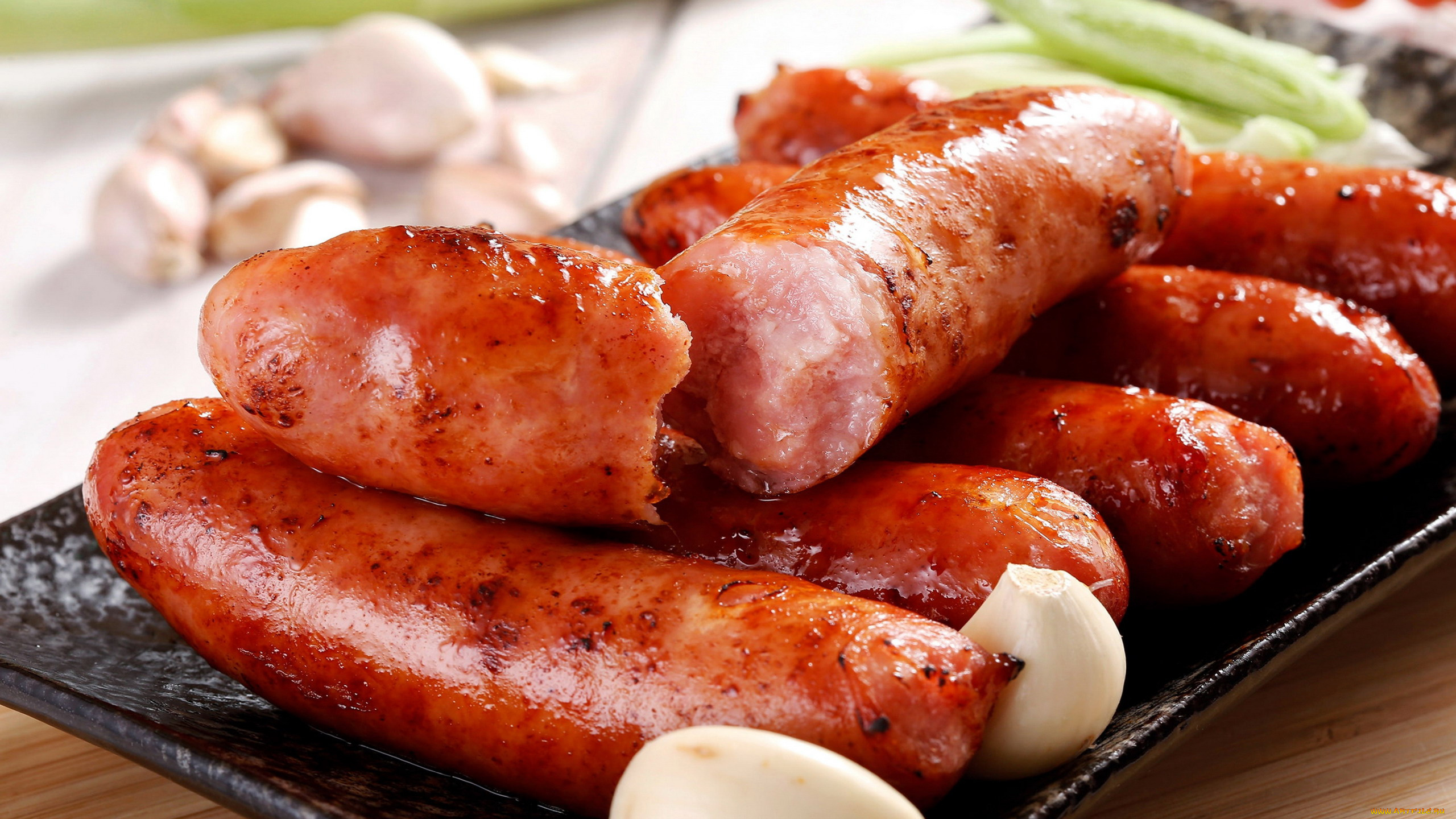 еда, колбасные, изделия, жареные, колбаски, аппетитные, чеснок