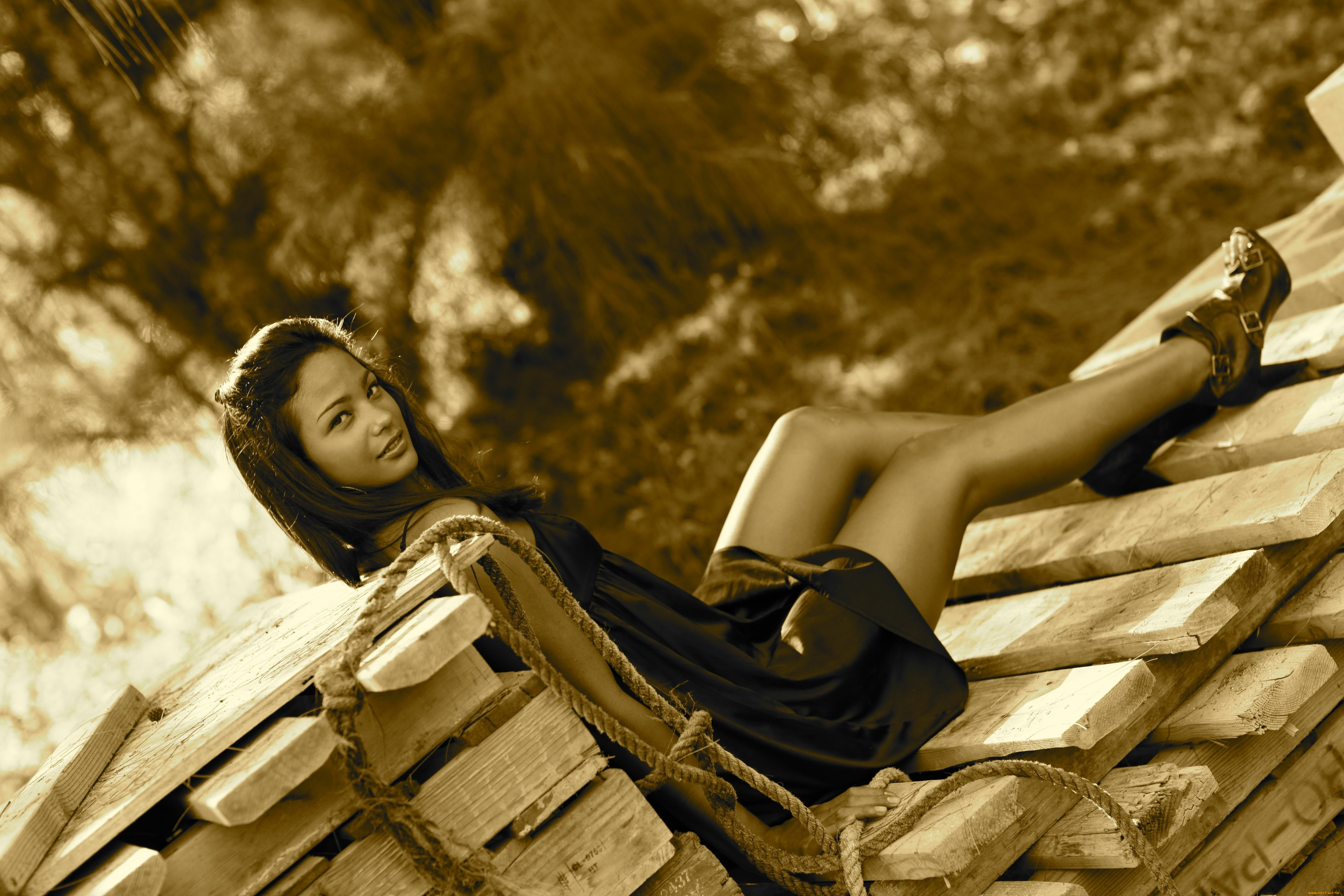 девушки, -, черно-белые, шатенка, платье, веревка