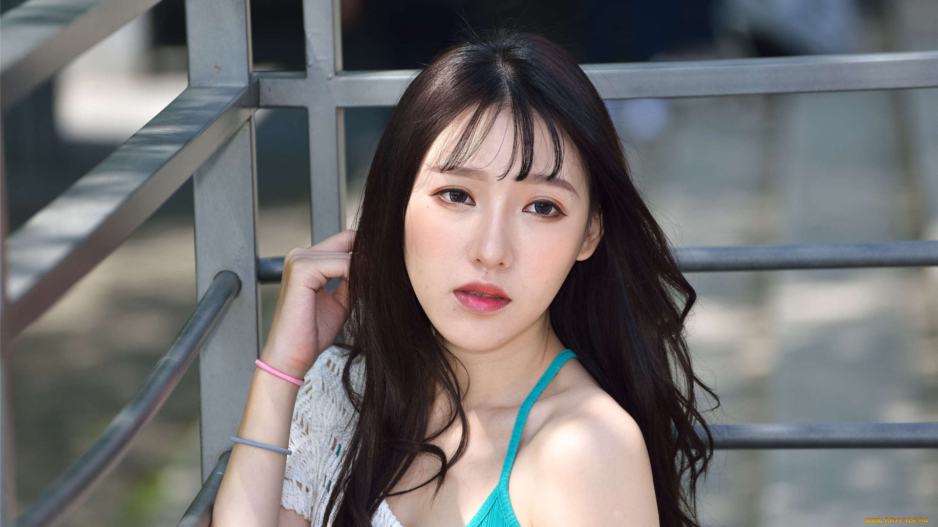 zhengmei, bibi, девушки, шатенка, топ, сетка, ограда