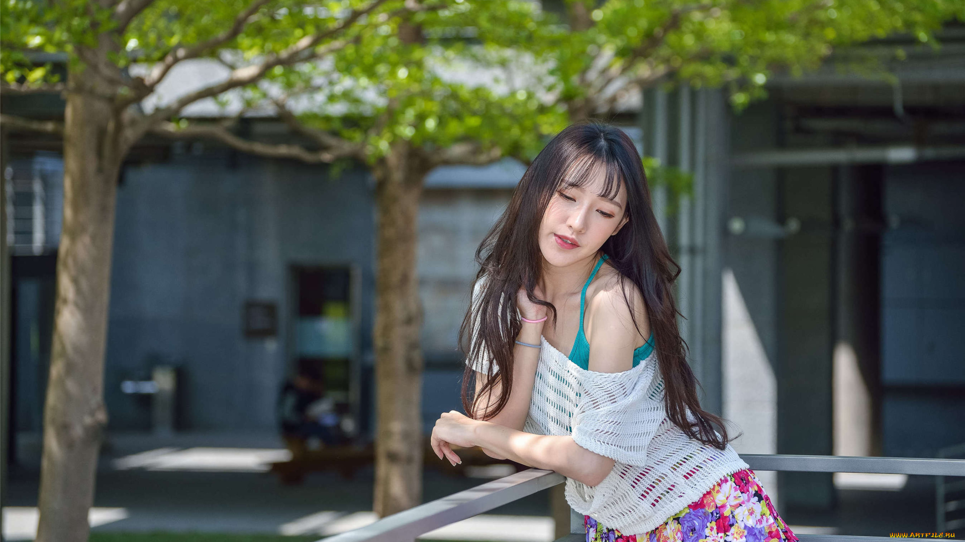 zhengmei, bibi, девушки, шатенка, топ, сетка, ограда, юбка