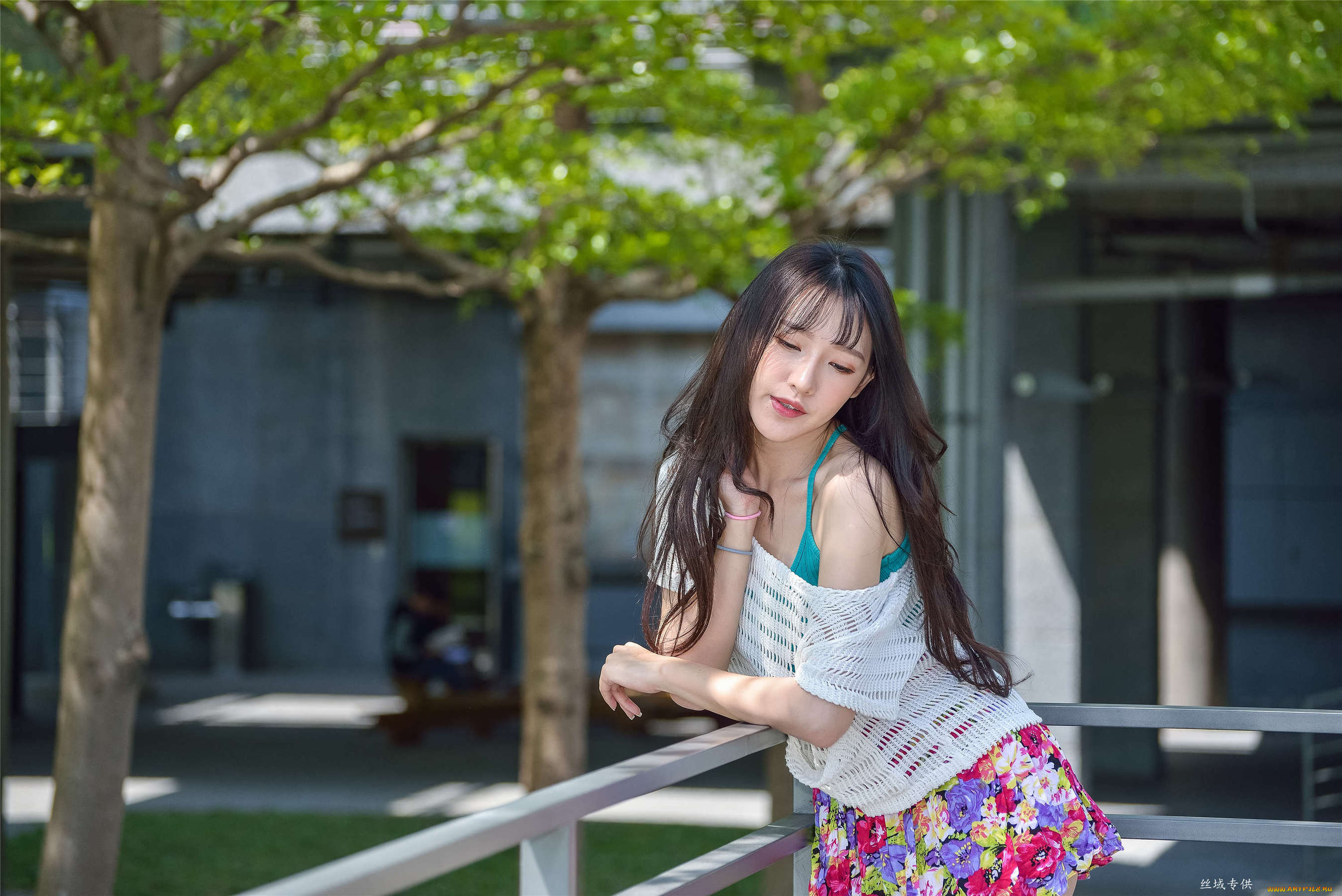 zhengmei, bibi, девушки, шатенка, топ, сетка, ограда, юбка