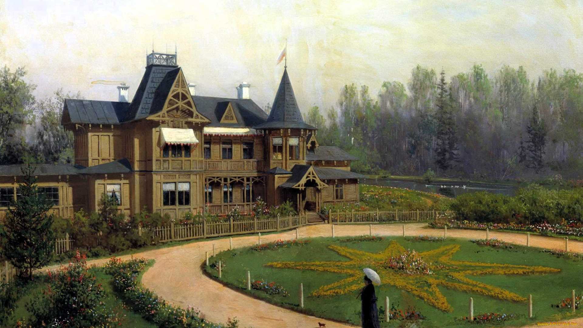 рисованное, лев, лагорио, коттедж, сад, дама, зонт, дорожка