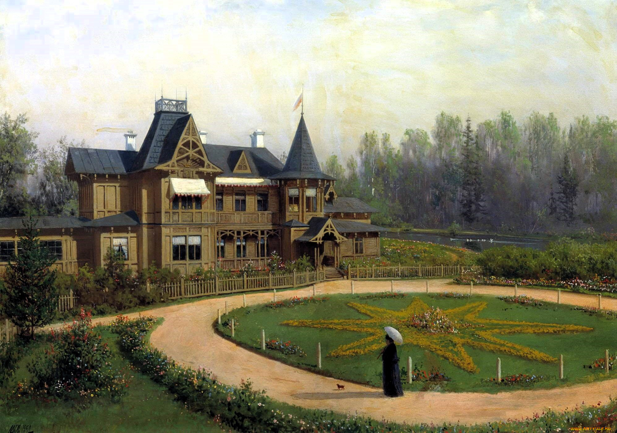 рисованное, лев, лагорио, коттедж, сад, дама, зонт, дорожка