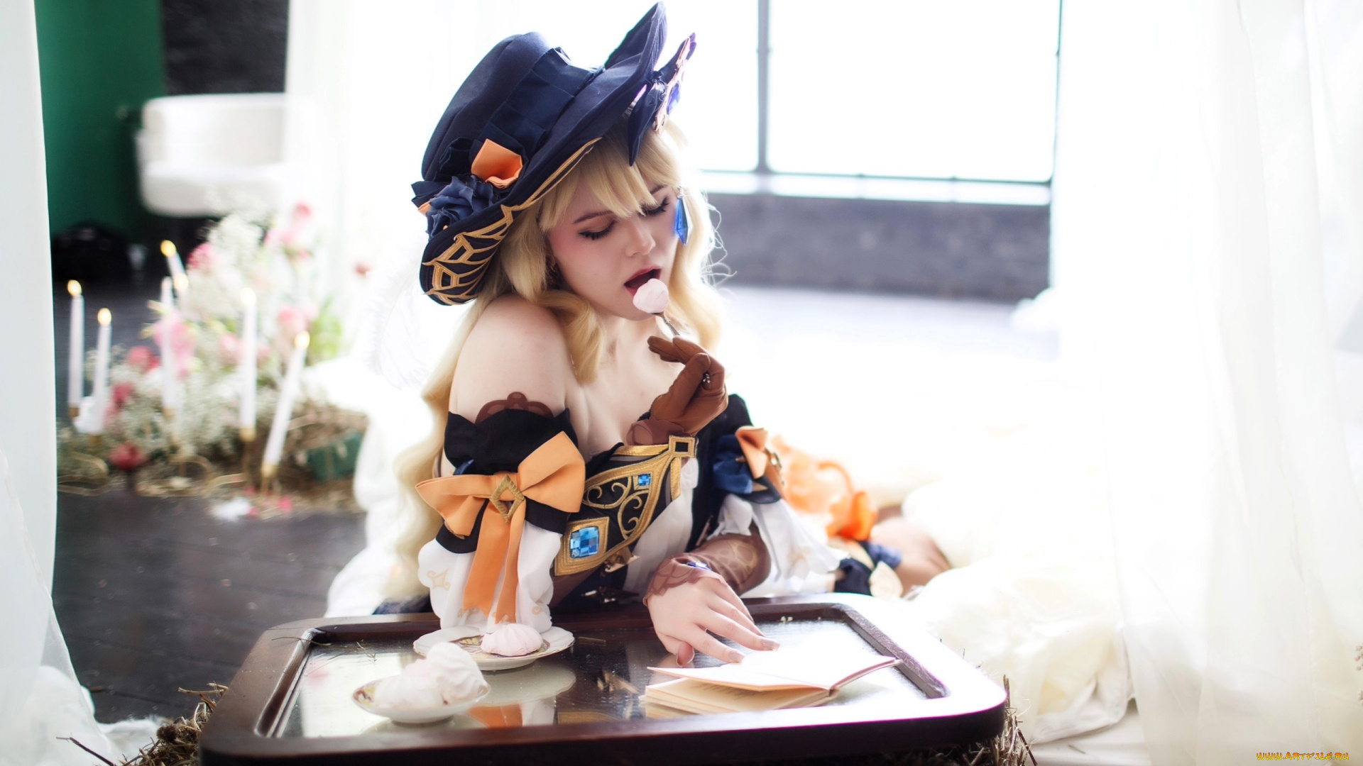 девушки, -, креатив, , косплей, образ, косплей, шляпа, наряд, еда