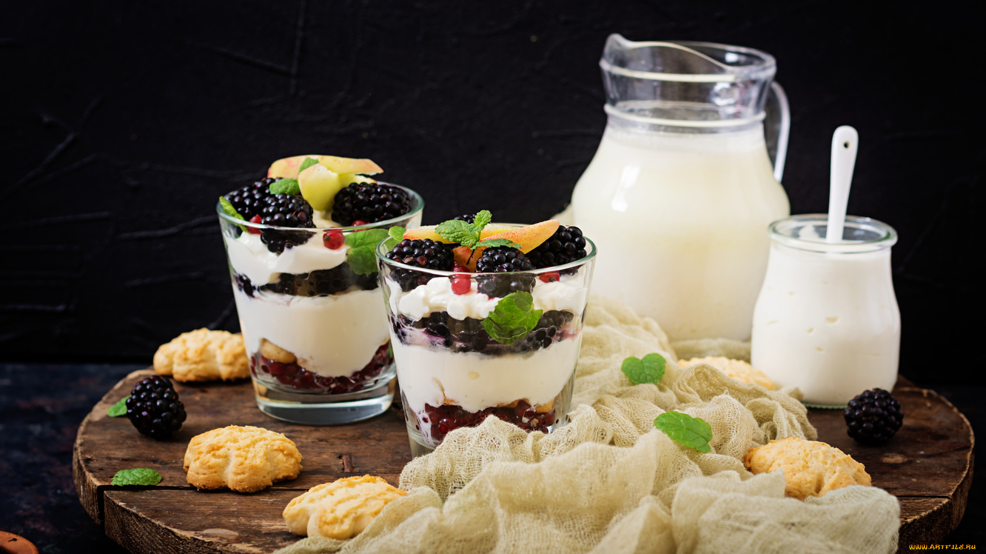 еда, мороженое, , десерты, печенье, десерт, ягоды, ежевика, мята