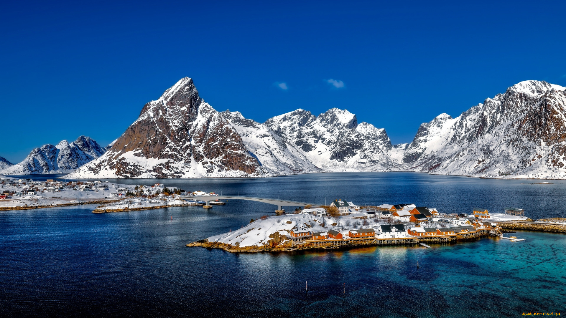 города, лофотенские, острова, , норвегия, горы, фьорд, зима, дома, мост
