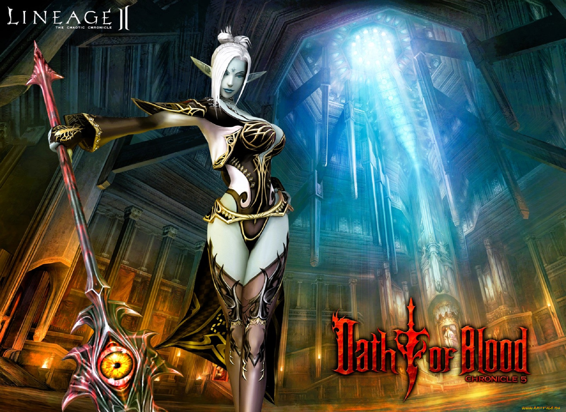 видео, игры, lineage, ii, , the, chaotic, chronicle, эльфийка, наряд, оружие, зал, свет