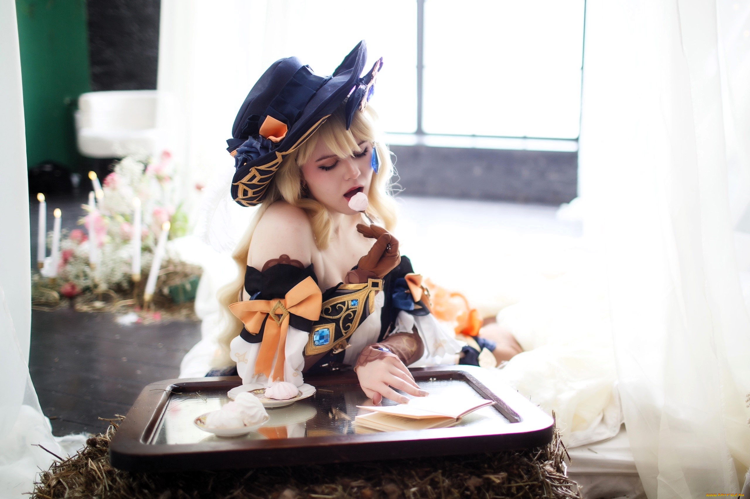 девушки, -, креатив, , косплей, образ, косплей, шляпа, наряд, еда