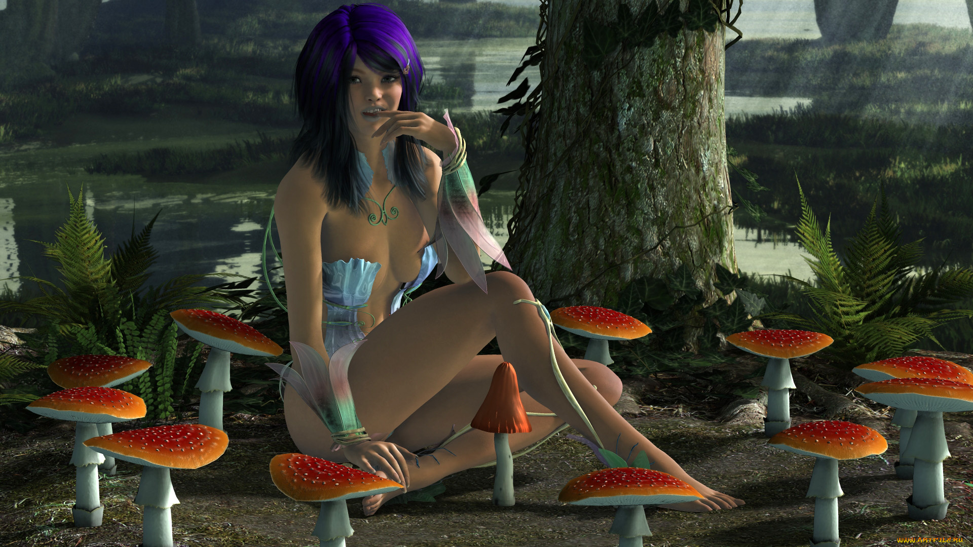 3д, графика, people, люди, грибы, девушка, лес