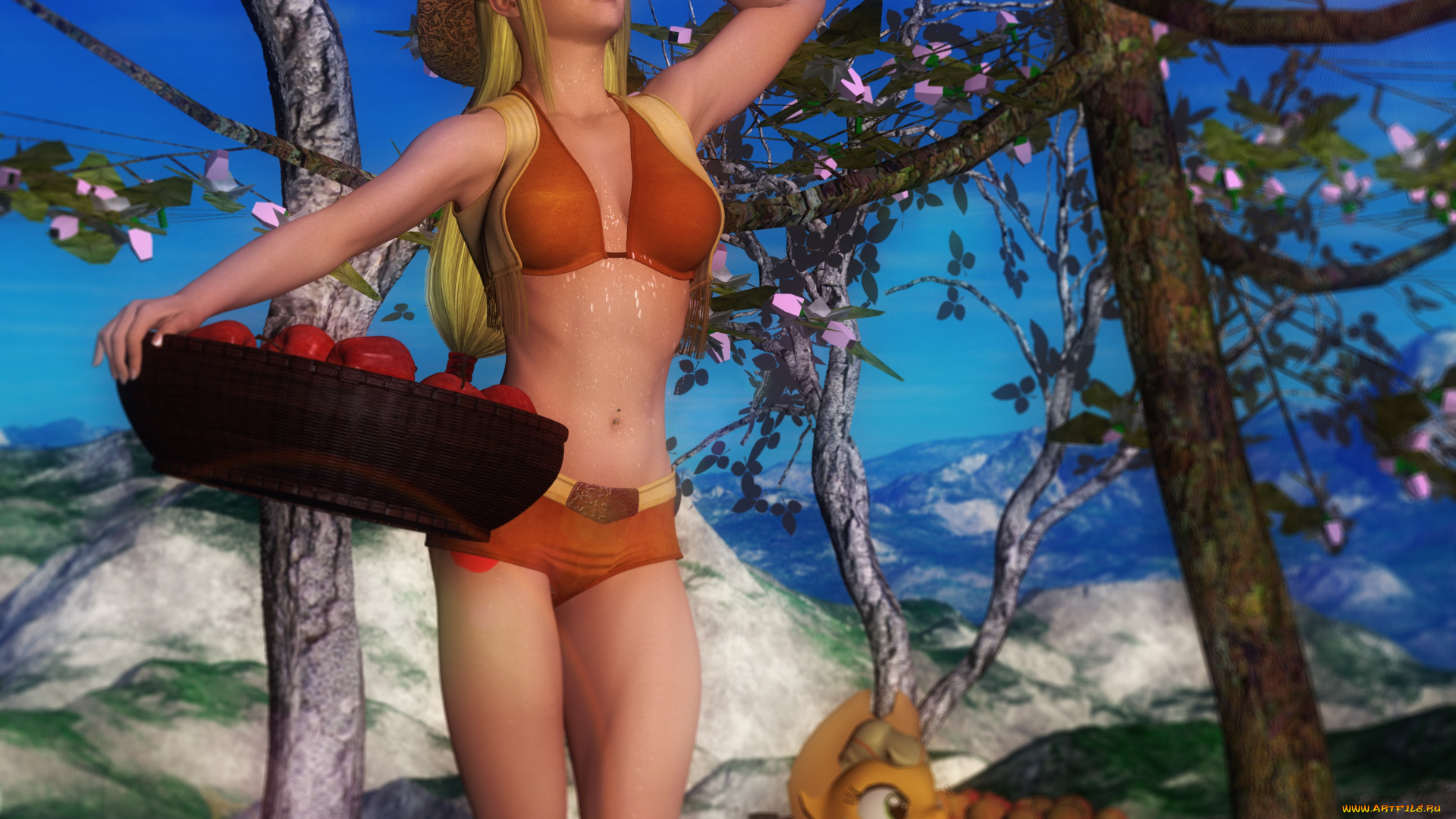 3д, графика, people, , люди, пони, девушка, яблоки, улыбка