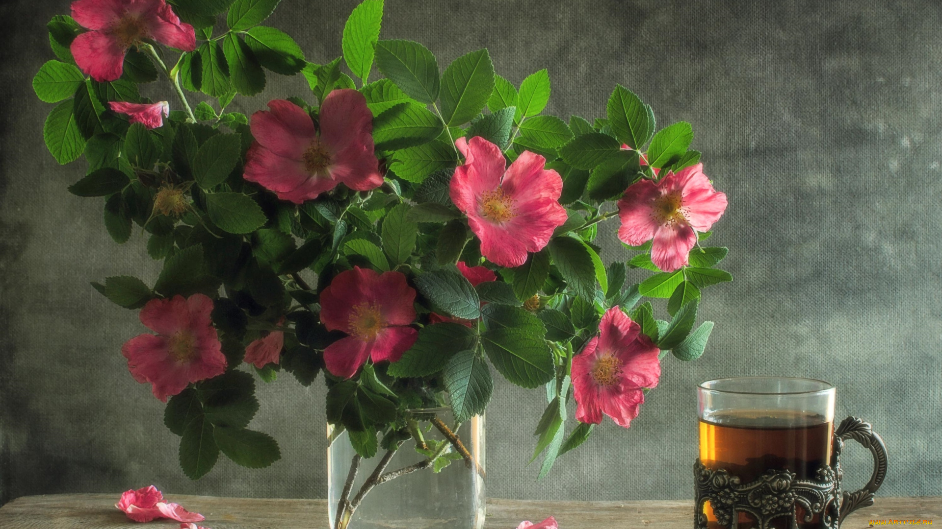 цветы, шиповник, чай, букет