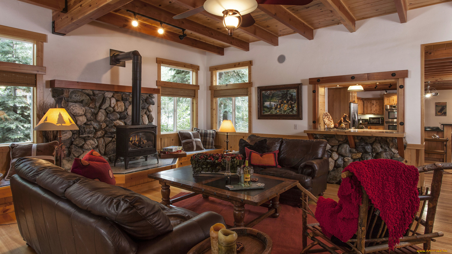 интерьер, гостиная, камин, диваны