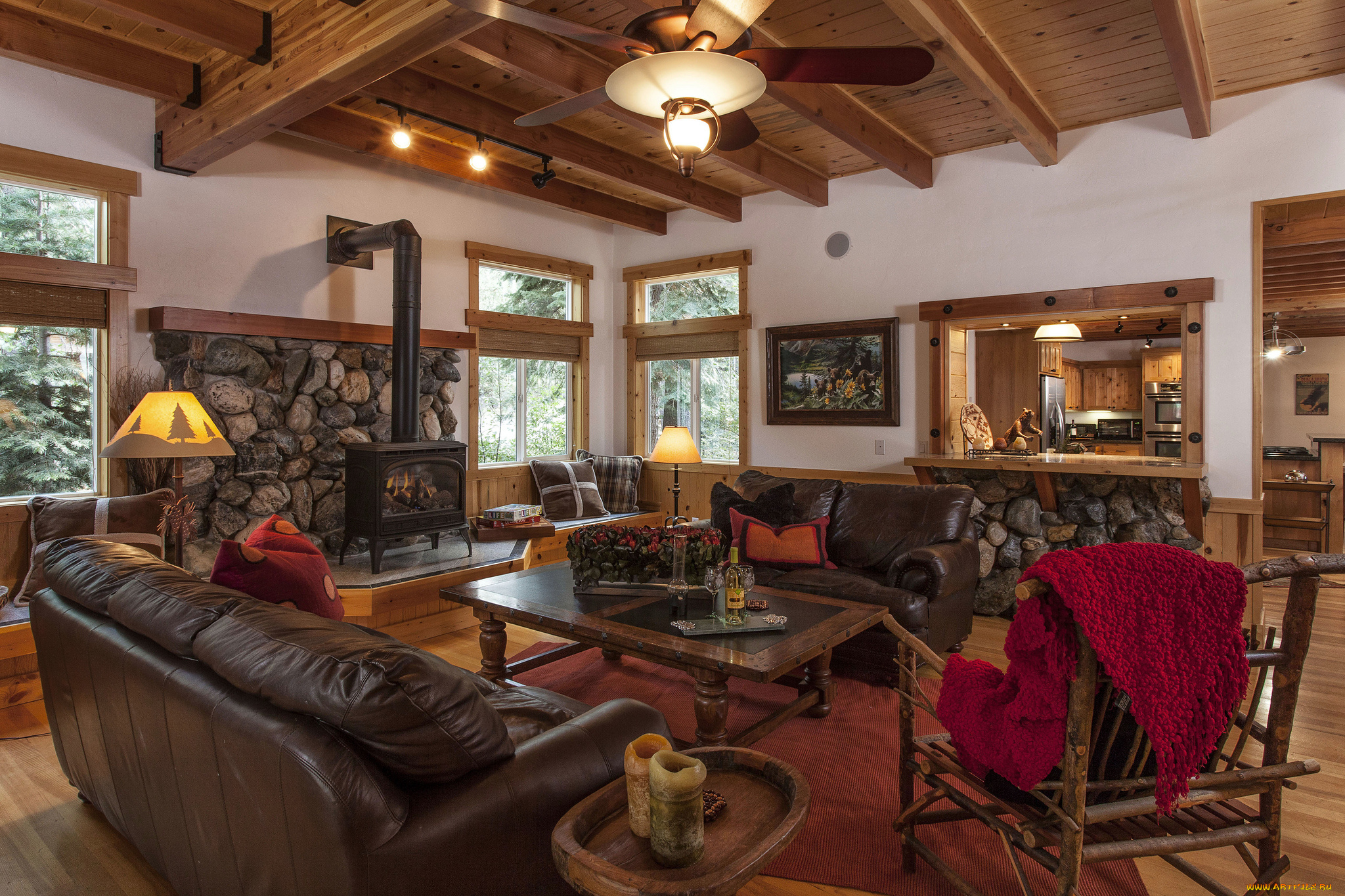 интерьер, гостиная, камин, диваны