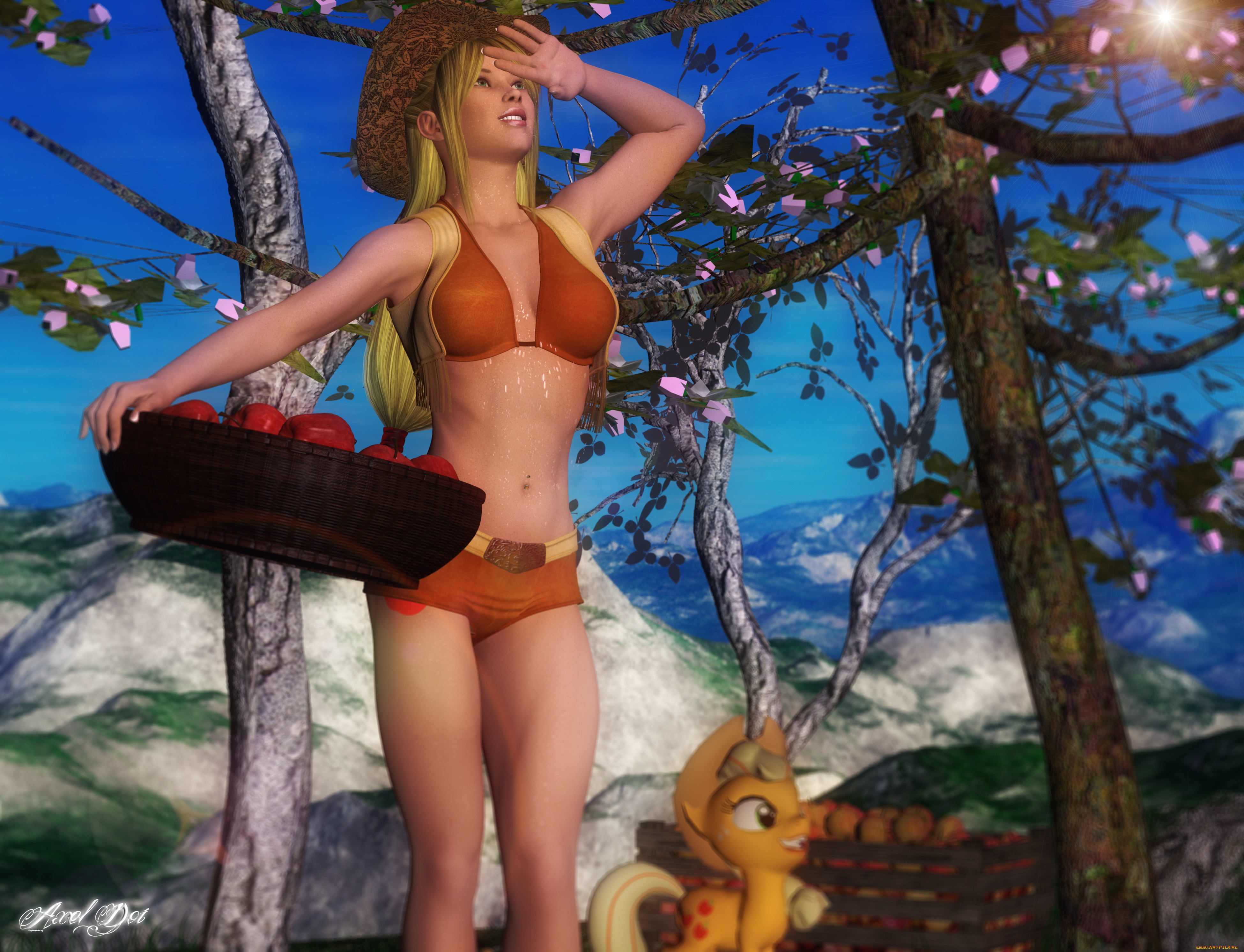 3д, графика, people, , люди, пони, девушка, яблоки, улыбка