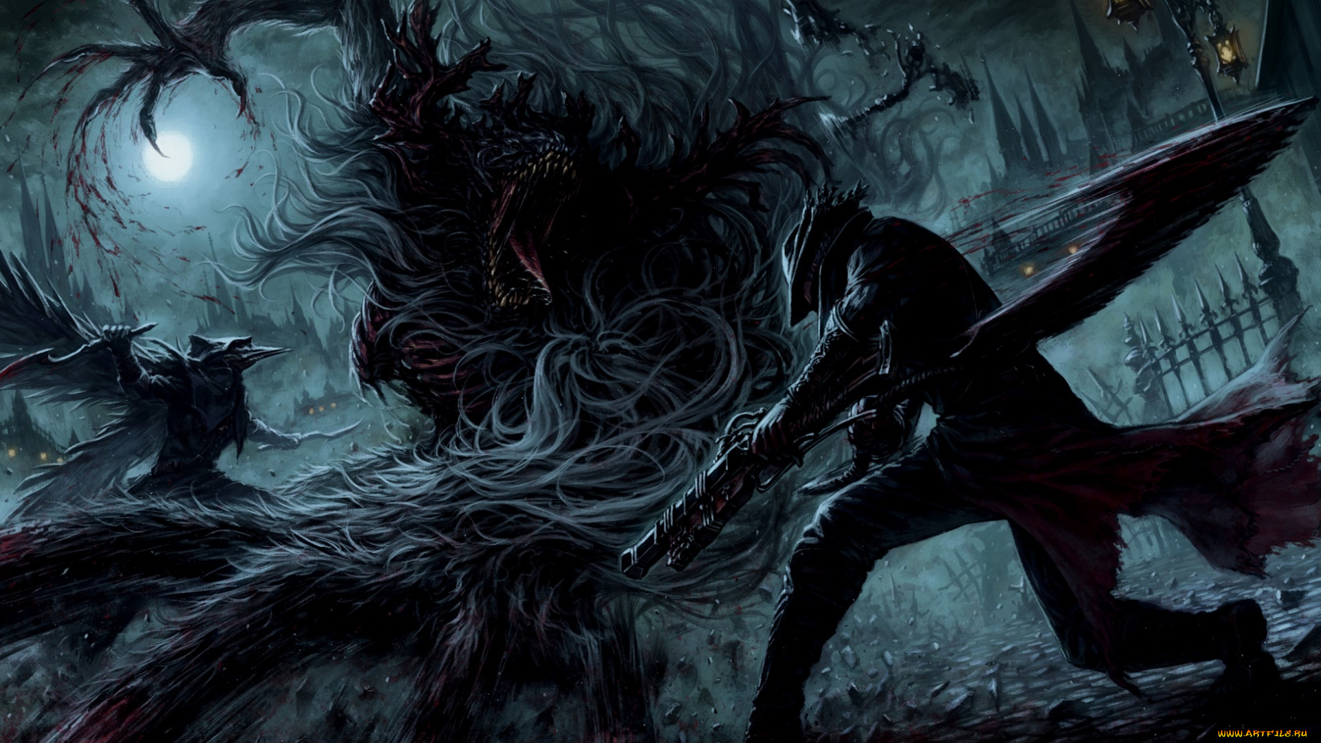 фэнтези, существа, битва, кровь, монстр, охотник, арт, ночь