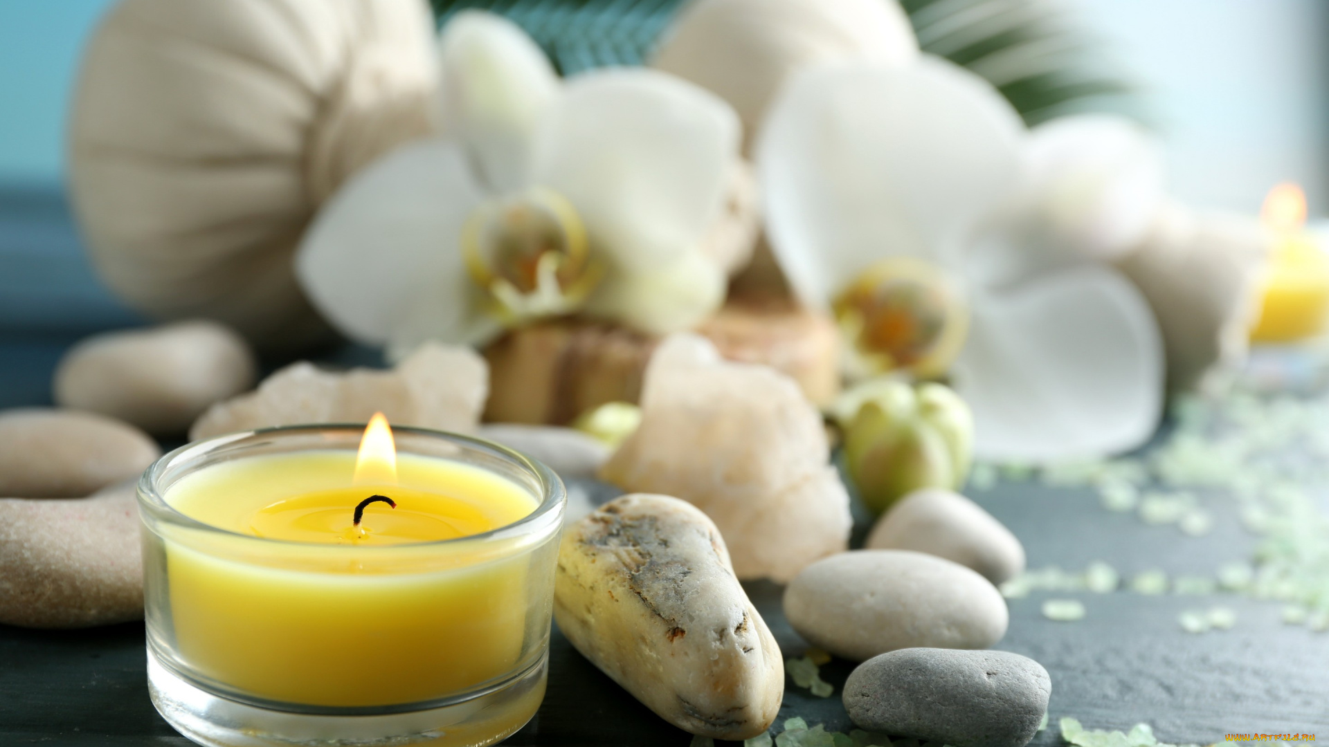 разное, свечи, wellness, still, life, salt, relax, spa, размытость, соль, спа, flowers, candles, камни, цветы