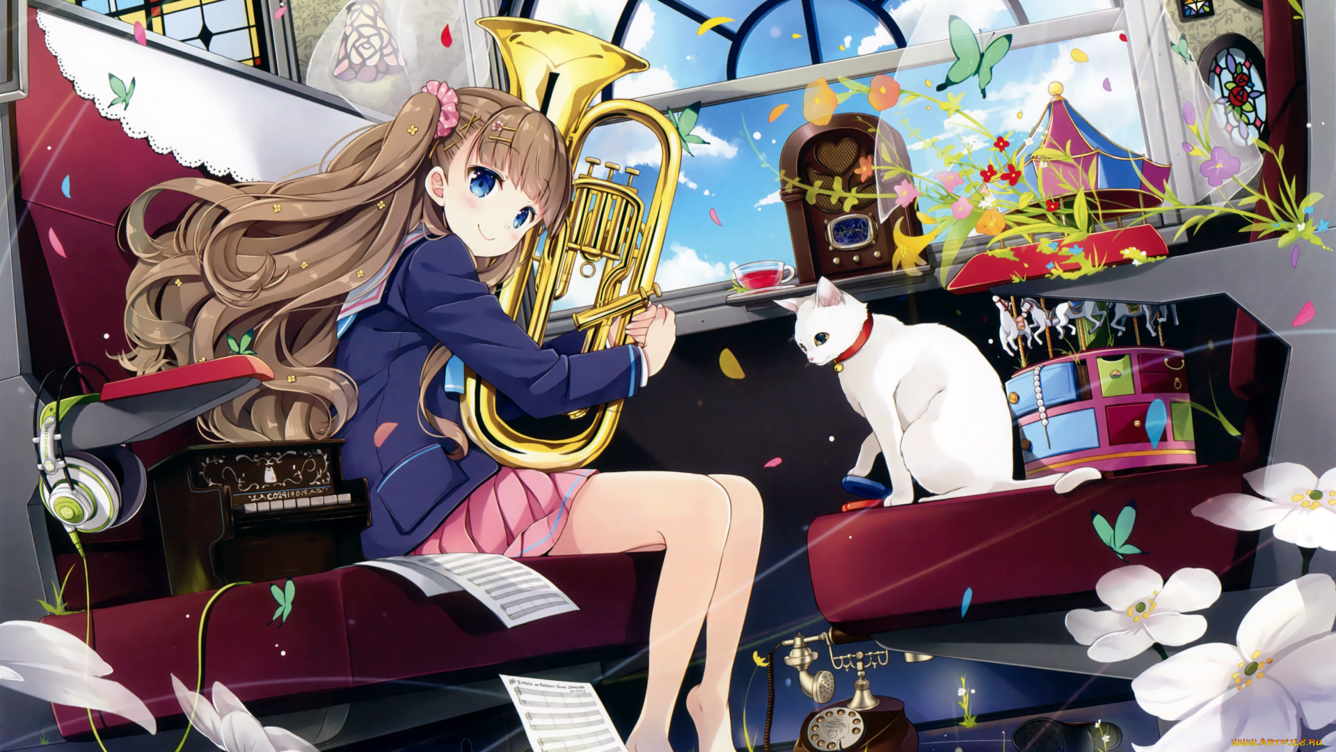 аниме, музыка, девушка, кошка, труба