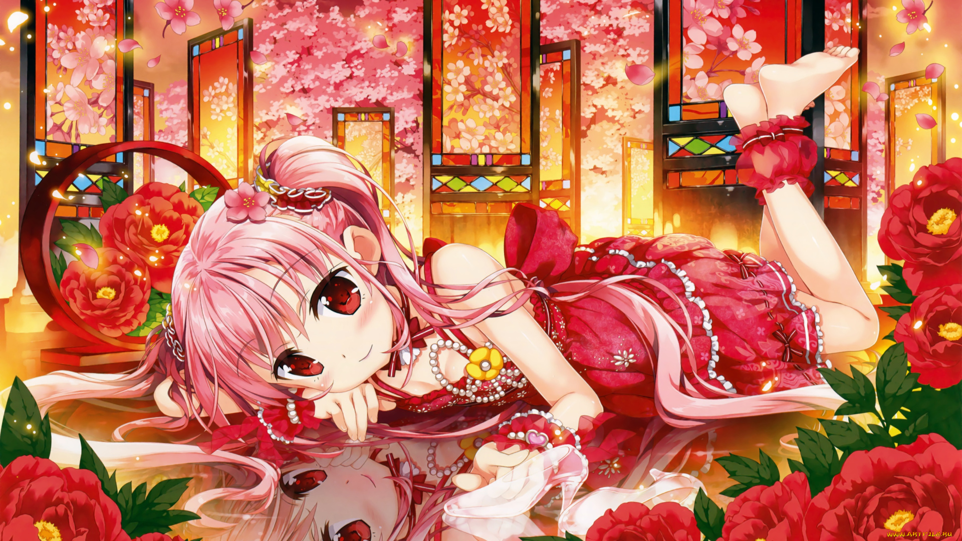 аниме, unknown, , другое, цветы, сакура, девочка