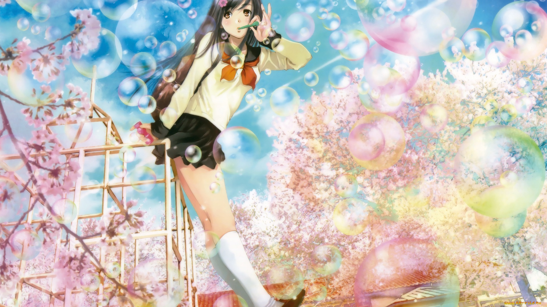 аниме, unknown, , другое, пузырьки, девушка