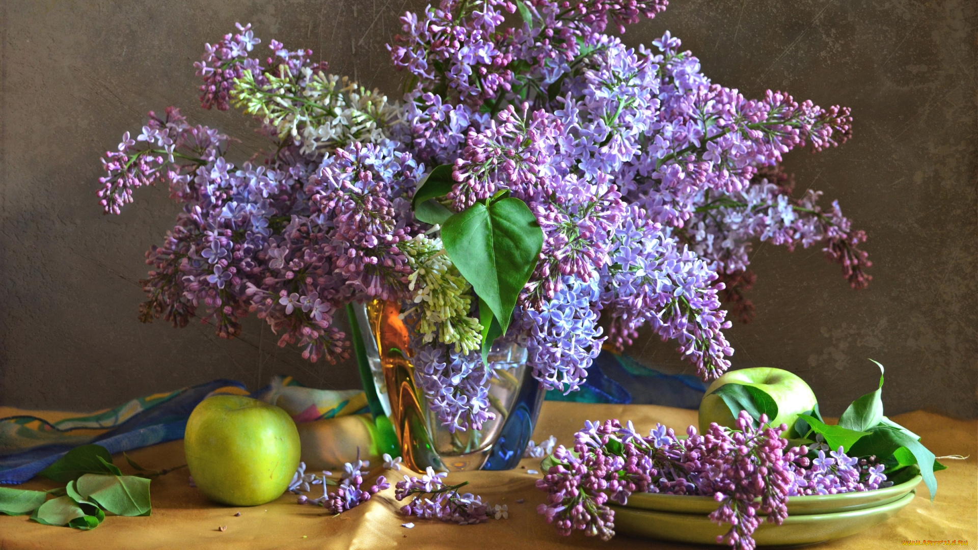 цветы, сирень, букет, яблоко