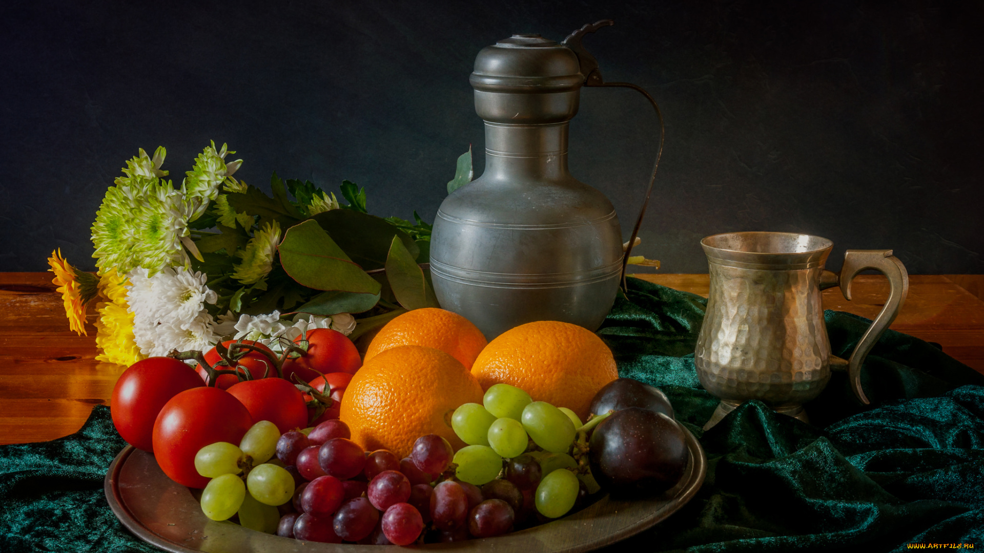 еда, натюрморт, фрукты, кувшин, помидоры, томаты