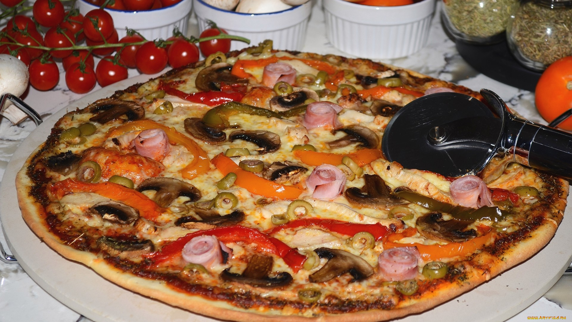 еда, пицца, сыр, помидоры, перец, ветчина, грибы, томаты