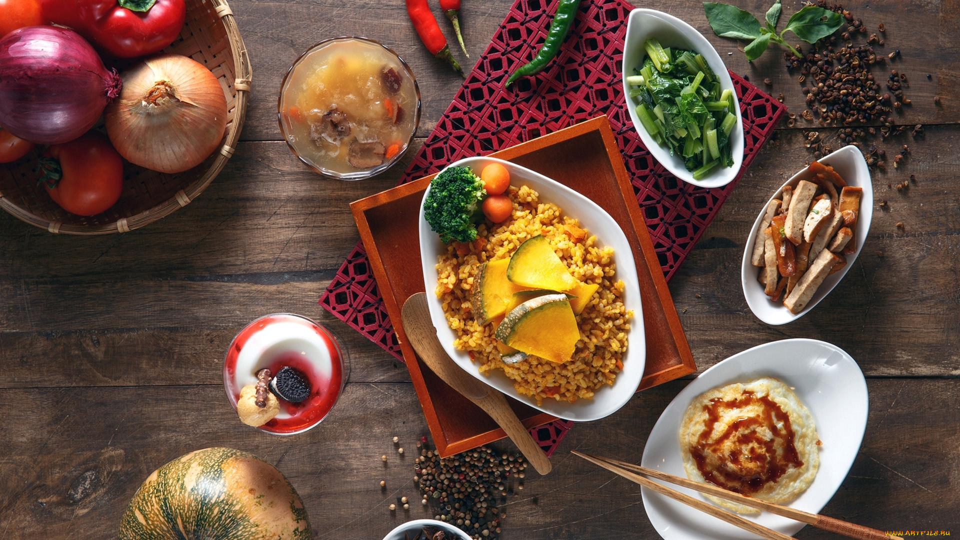 еда, разное, блюда, ассорти, лук, рис, тыква, перец, овощи