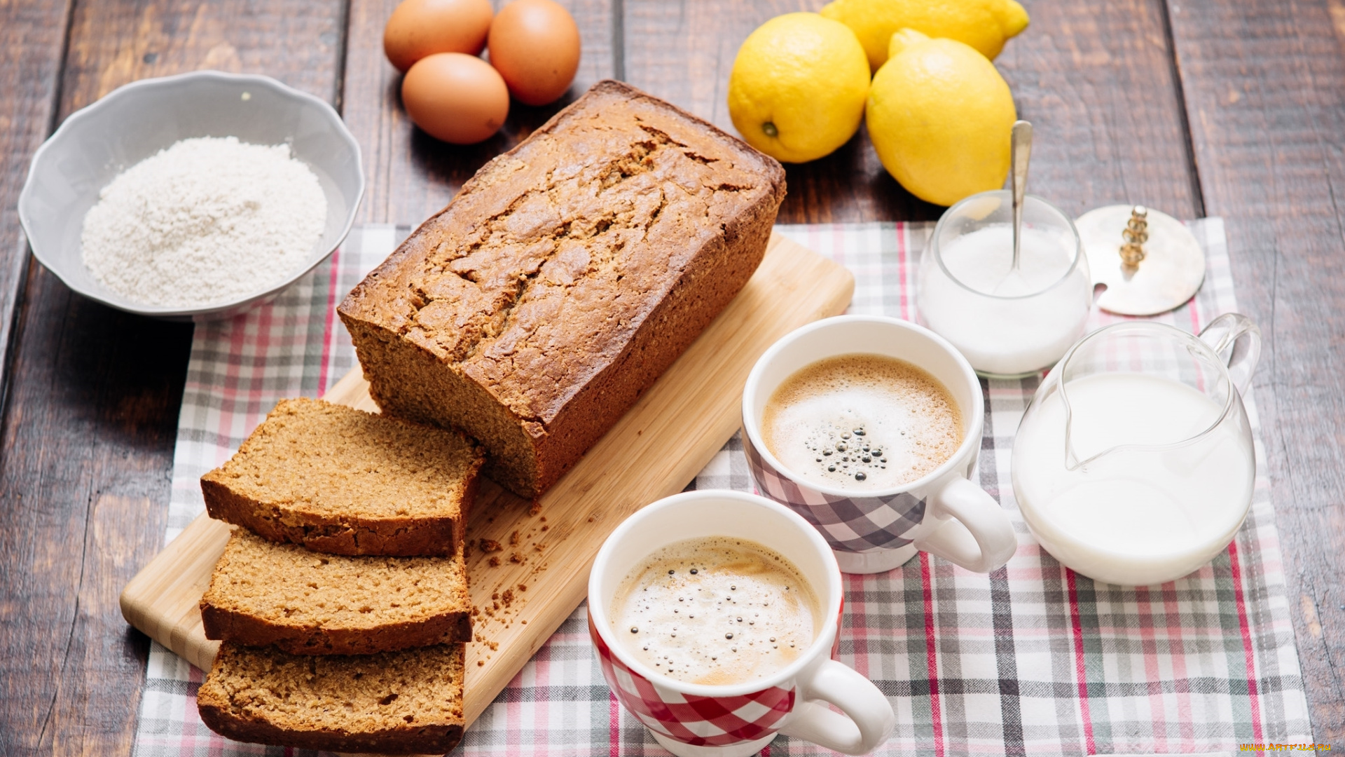 еда, разное, кекс, выпечка, кофе, лимон, яйца, молоко, мука