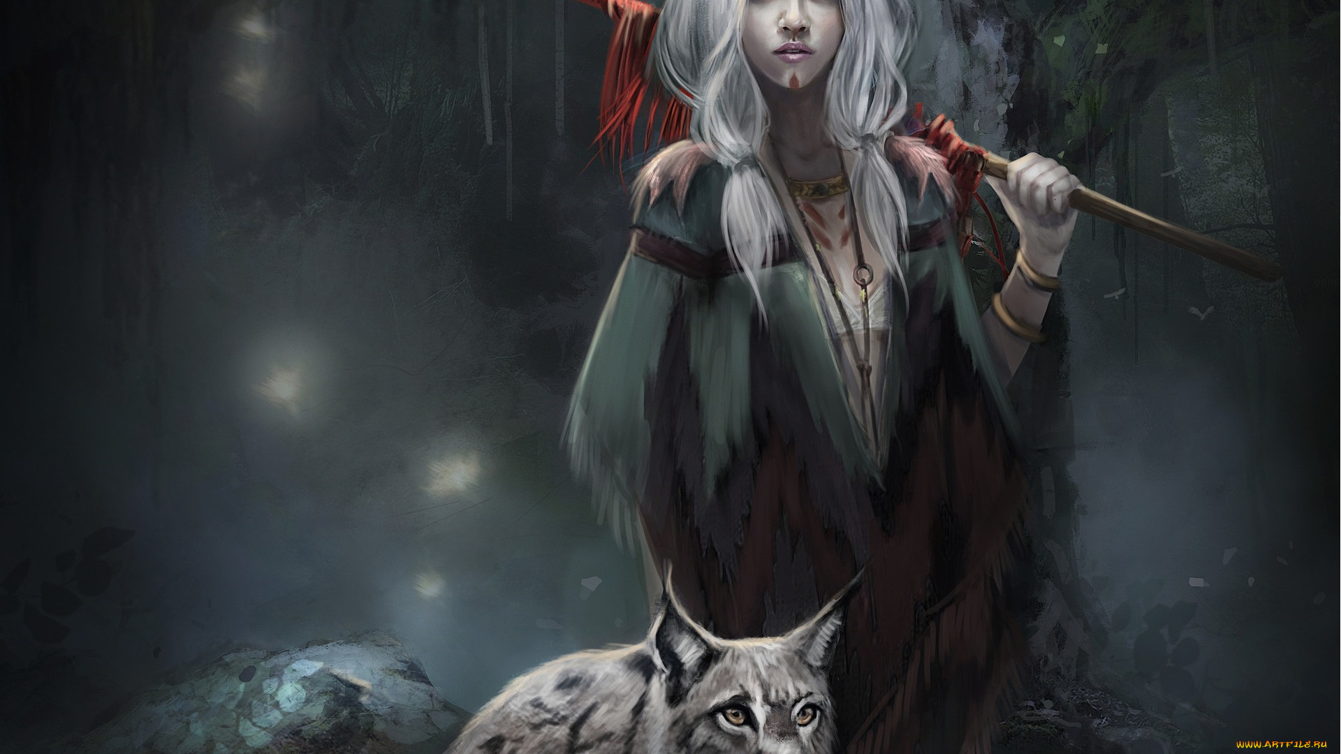 фэнтези, девушки, фантастика, арт, девушка, взгляд, кошка, рысь