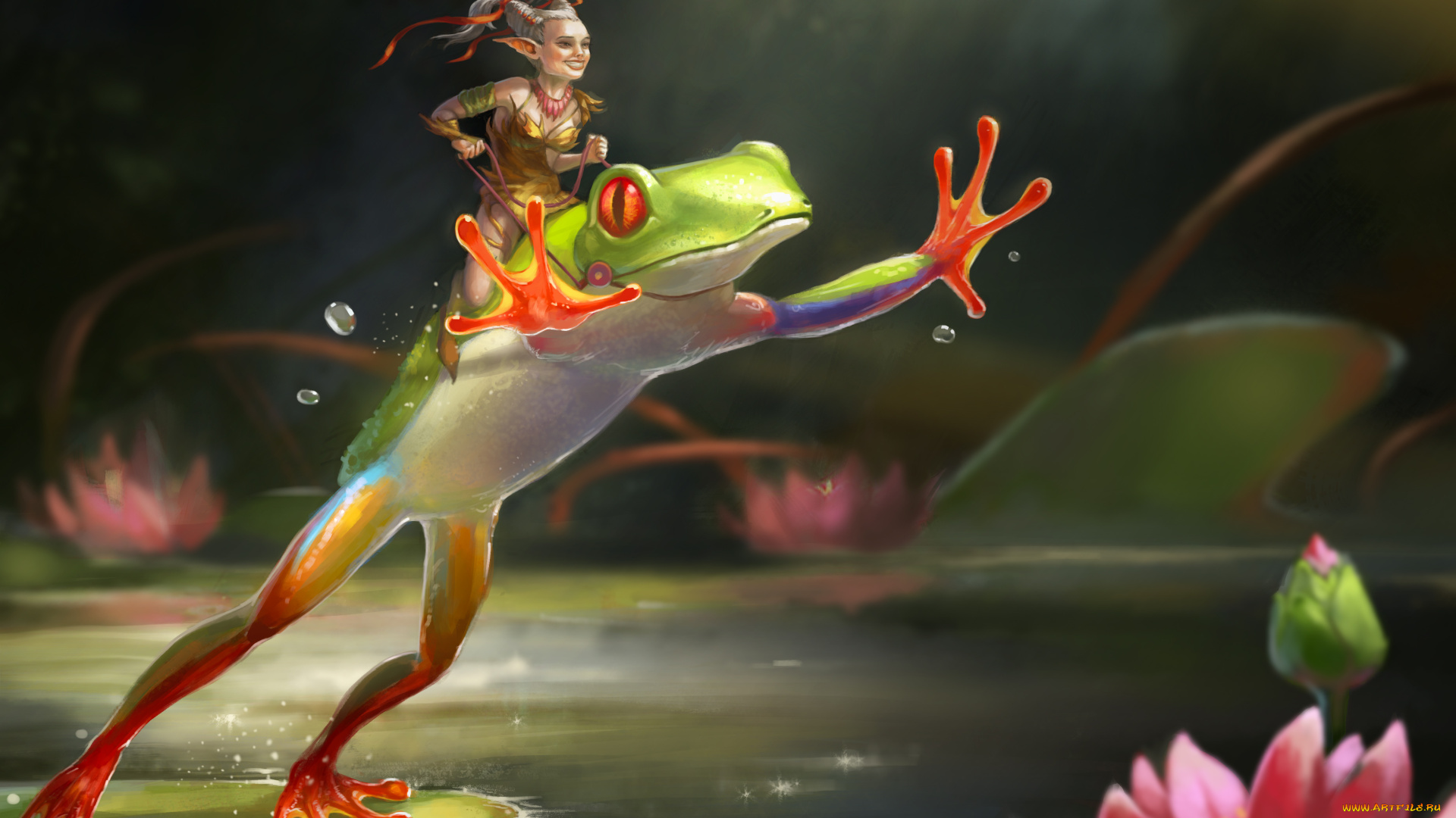 фэнтези, эльфы, лягушка, эльф, болото, прыжок