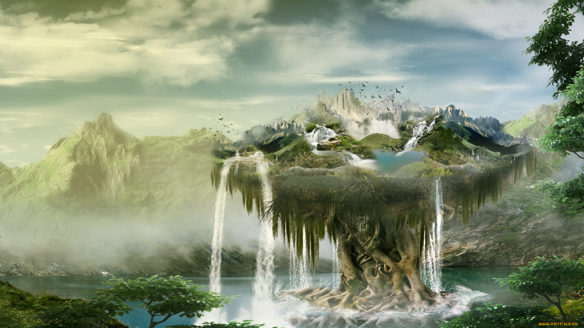 фэнтези, пейзажи, природа, деревья, водопад, горы