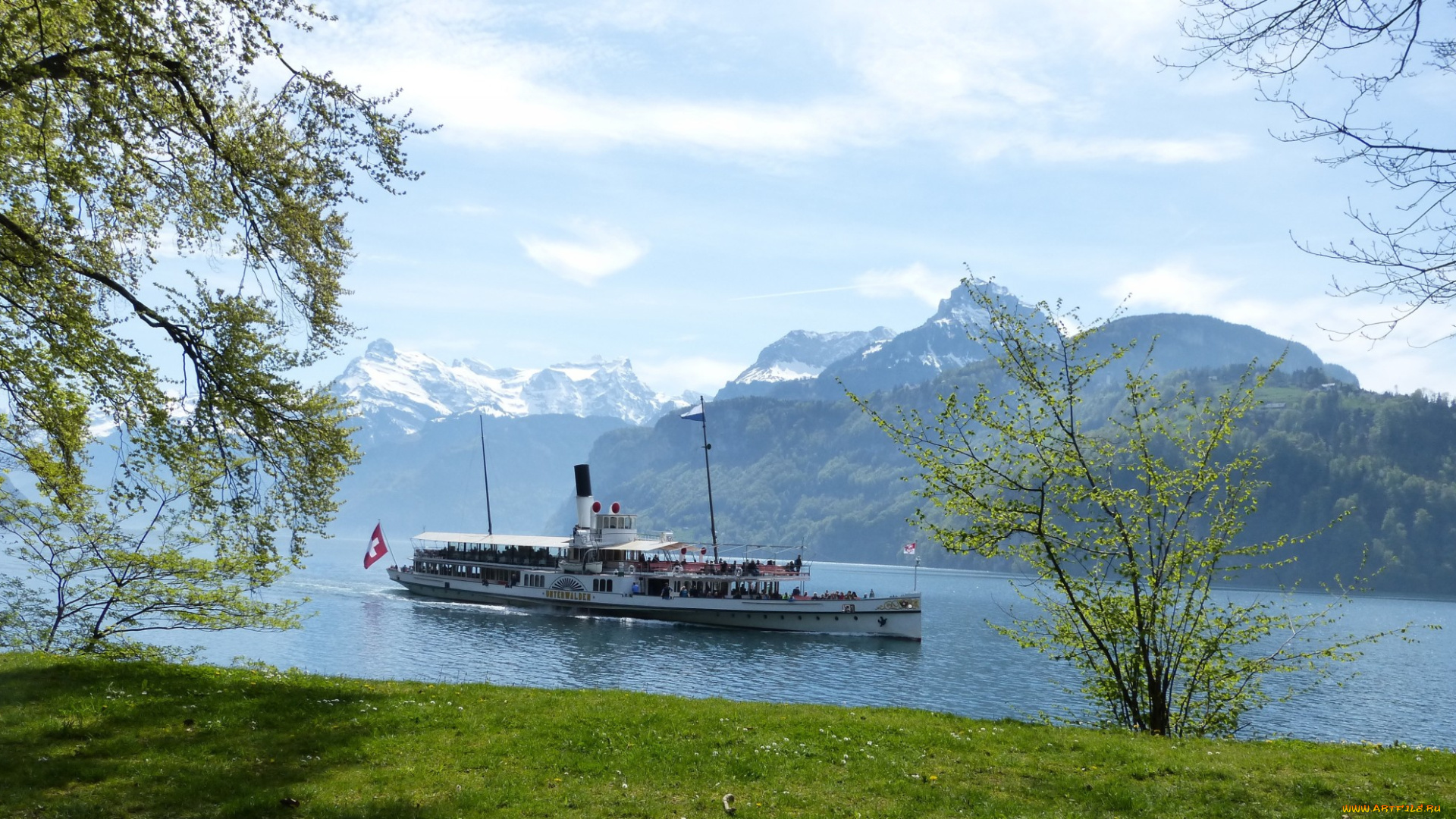 корабли, пароходы, река, лес