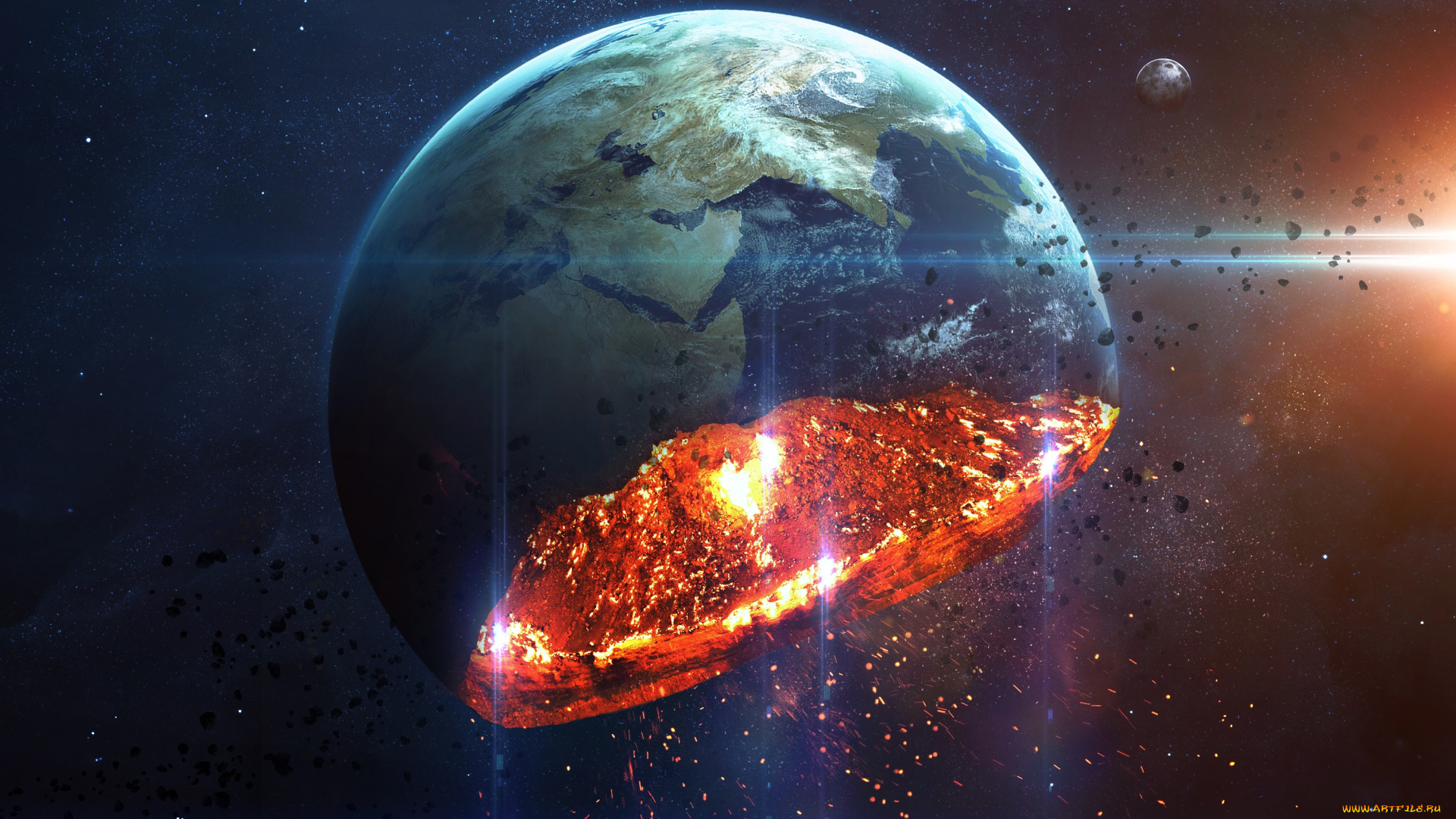 космос, арт, земля, разлом, осколки, луна