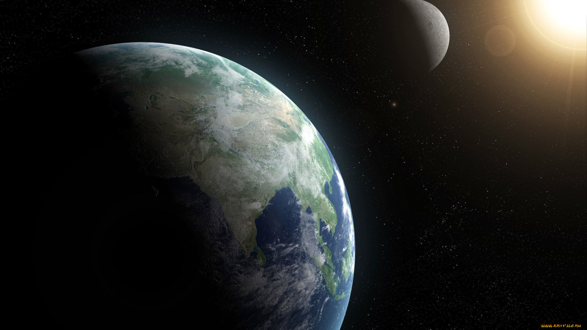 космос, арт, земля, солнце, луна