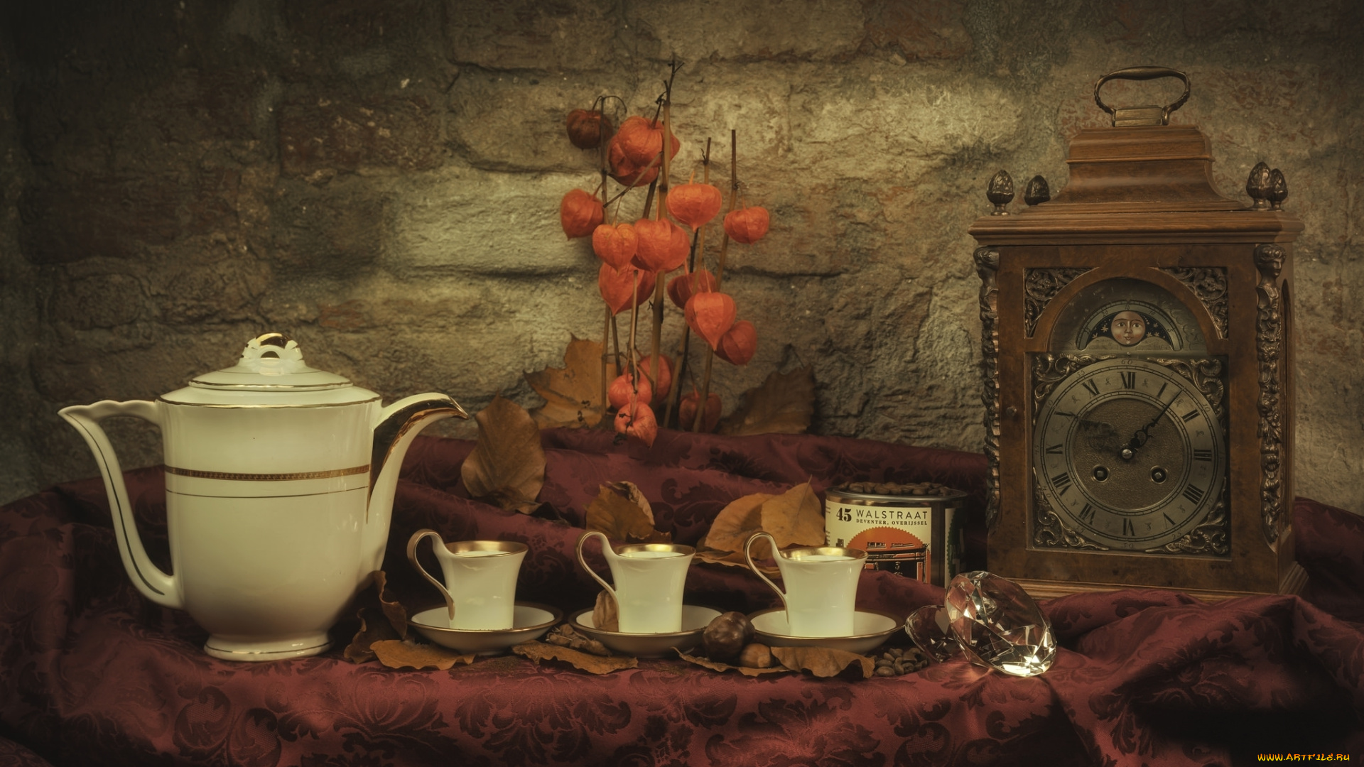 разное, посуда, , столовые, приборы, , кухонная, утварь, натюрморт, чашки, кофейник, часы, физалис