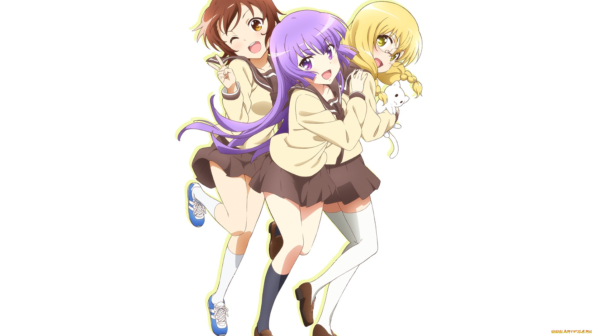 sansha, sanyou, аниме, взгляд, девушки, фон