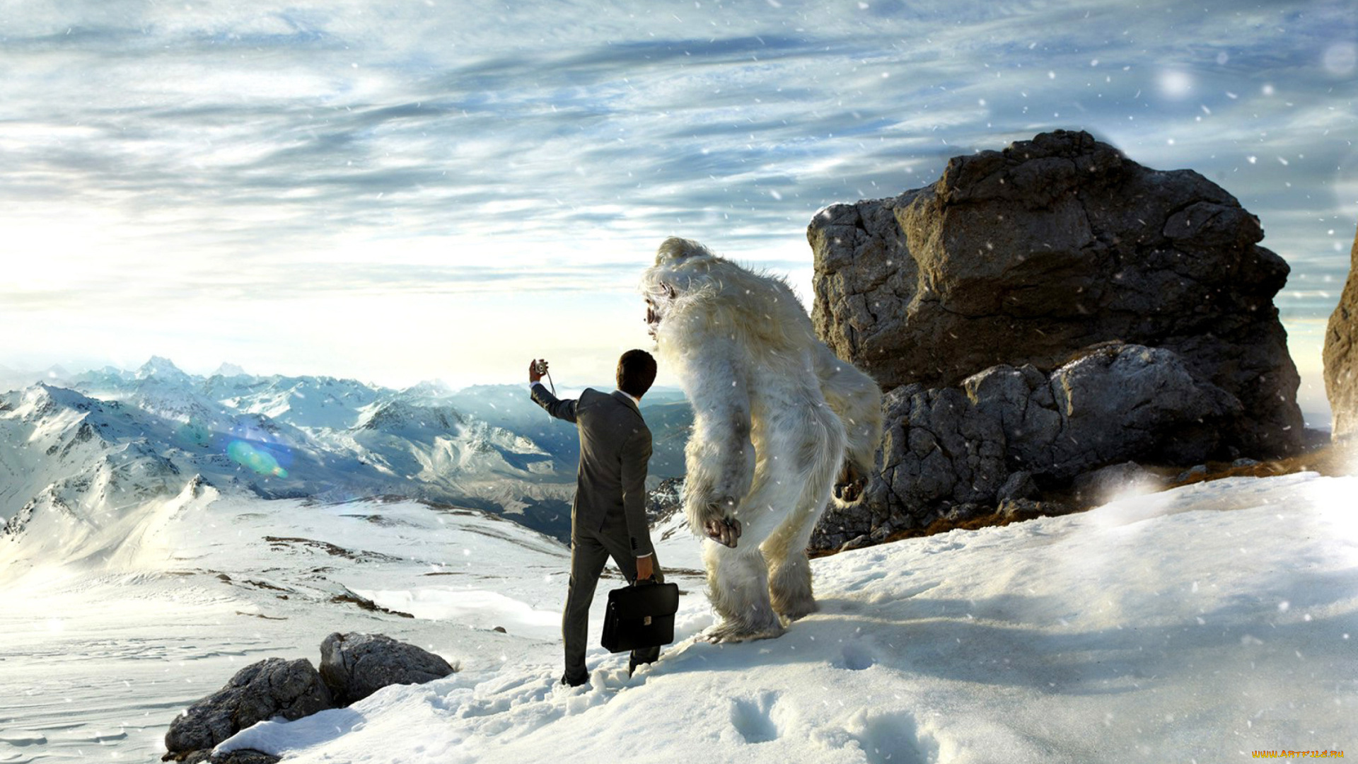 юмор, и, приколы, селфи, снежный, человек, йети, бизнесмен, портфель, горы