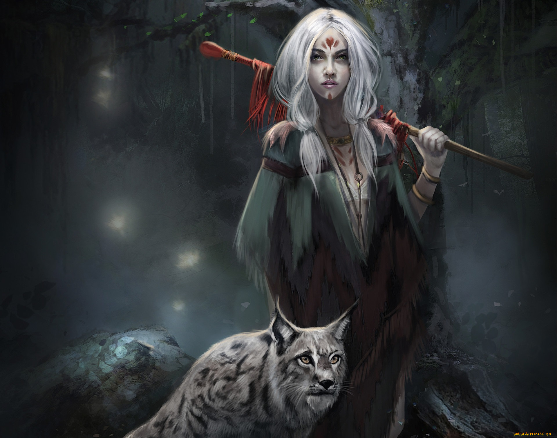 фэнтези, девушки, фантастика, арт, девушка, взгляд, кошка, рысь